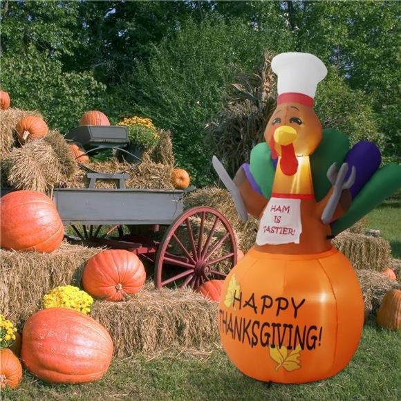 6ft Christmas Inflatable Outdoor Decorations, Chef Turkey with LED Lights - Picture 2 of 7